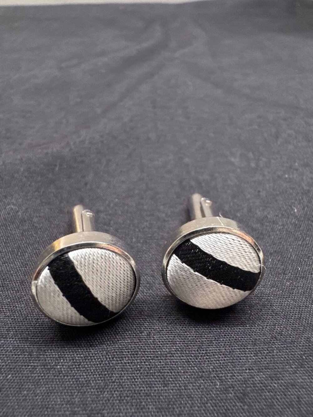 Silver Round Cufflinks Fabric With Black & Silver Gray Striped Fabric Detail